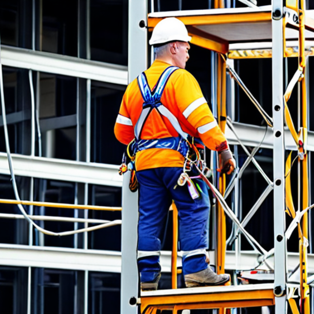 **

A construction site in Poland, focusing on workers correctly using safety harnesses and lanyards attached to secure anchor points on scaffolding. The scaffolding is properly assembled and inspected. Include details such as Polish safety signage and the use of EN-standard compliant equipment. The overall tone should be positive, showcasing best practices.

**