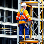 **

A construction site in Poland, focusing on workers correctly using safety harnesses and lanyards attached to secure anchor points on scaffolding. The scaffolding is properly assembled and inspected. Include details such as Polish safety signage and the use of EN-standard compliant equipment. The overall tone should be positive, showcasing best practices.

**