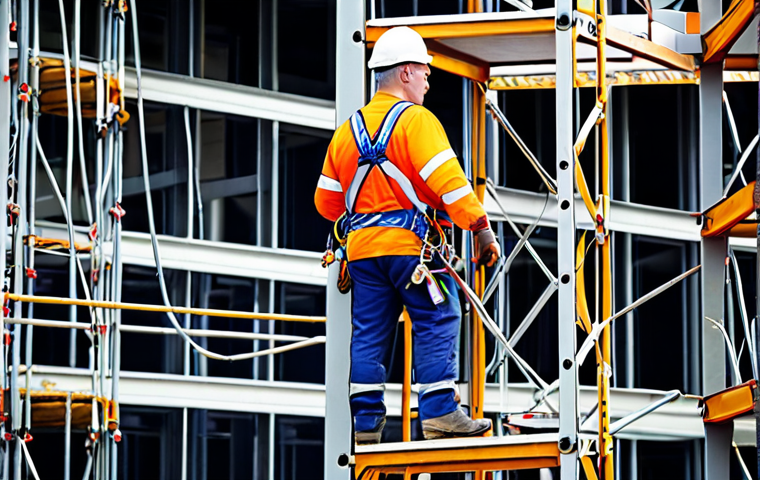 **
A construction site in Poland, focusing on workers correctly using safety harnesses and lanyards attached to secure anchor points on scaffolding. The scaffolding is properly assembled and inspected. Include details such as Polish safety signage and the use of EN-standard compliant equipment. The overall tone should be positive, showcasing best practices.
**
